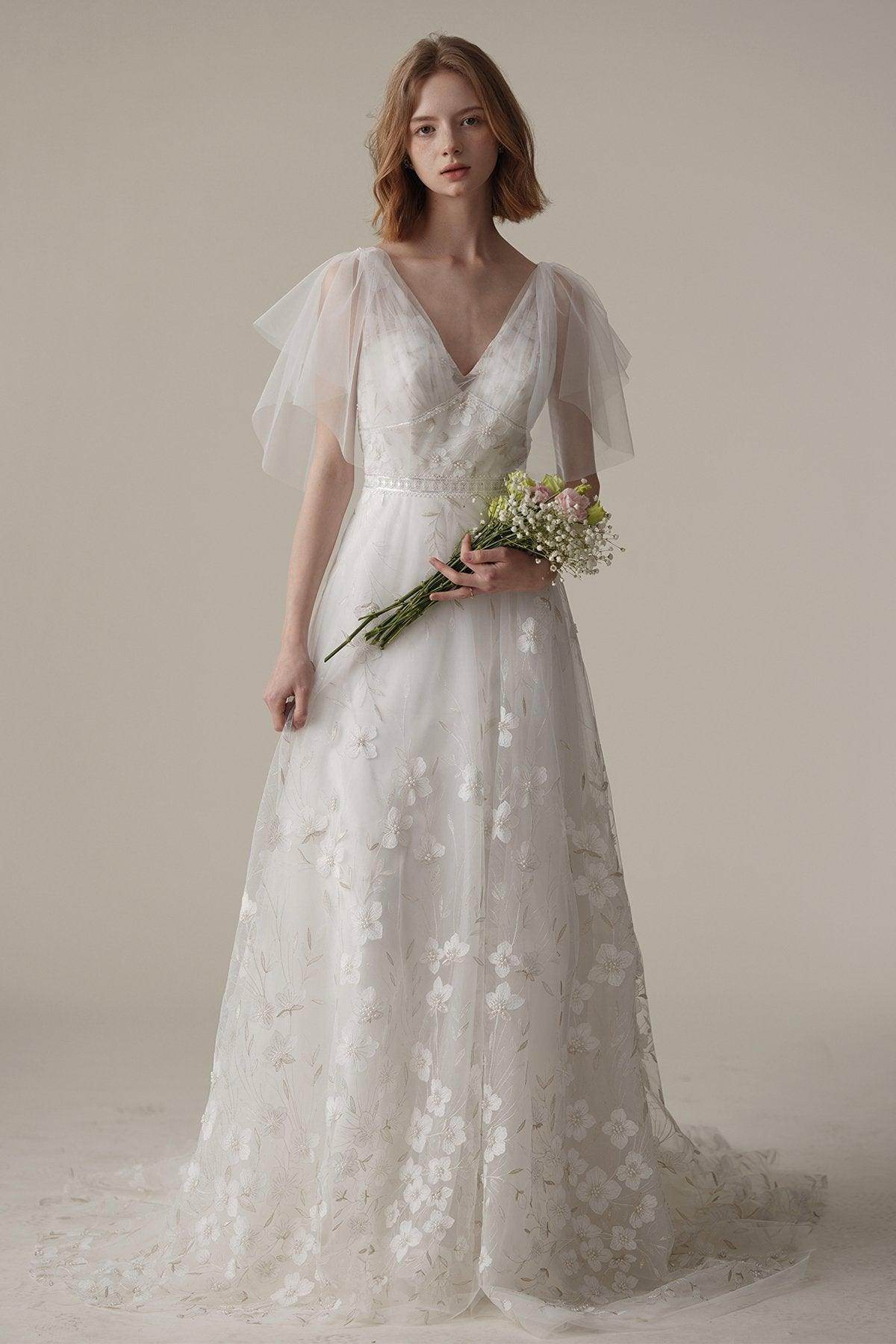 A-Line Sweep-Brush Train Lace Tulle Wedding Dress CW3085 - COCOMELODY